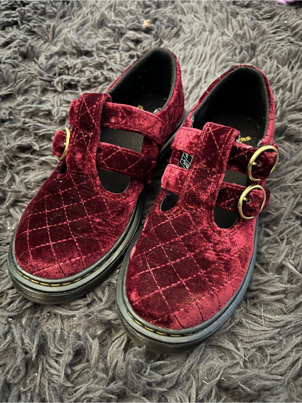 Dr. Martens Kids Burgundy Velvet Double Buckle Mary Jane Shoes Size 2
